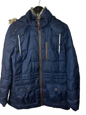Eddie Bauer Down Puffer Jacket Detachable Fur Hood Size Tall Large TL Navy Blue